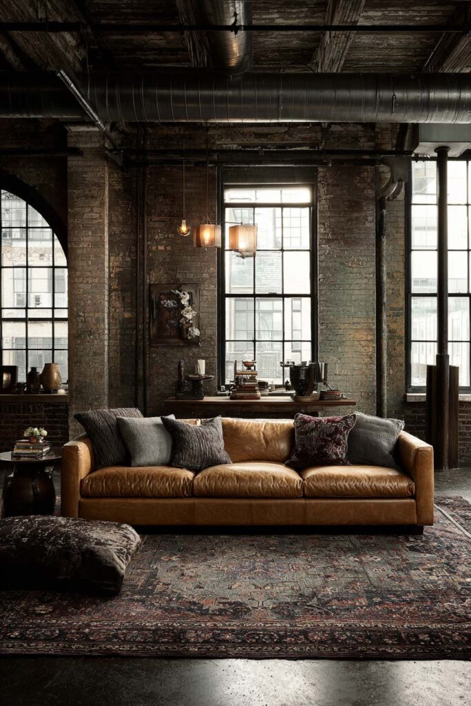 Industrial sage green living room with exposed brick walls, leather sofa, vintage rug, and moody pendant lighting in loft-style space.