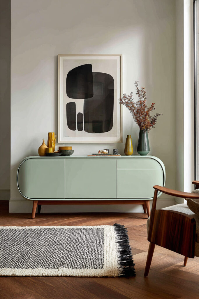 Mid-century modern living room with sage green sideboard, abstract wall art, and warm wood accents.