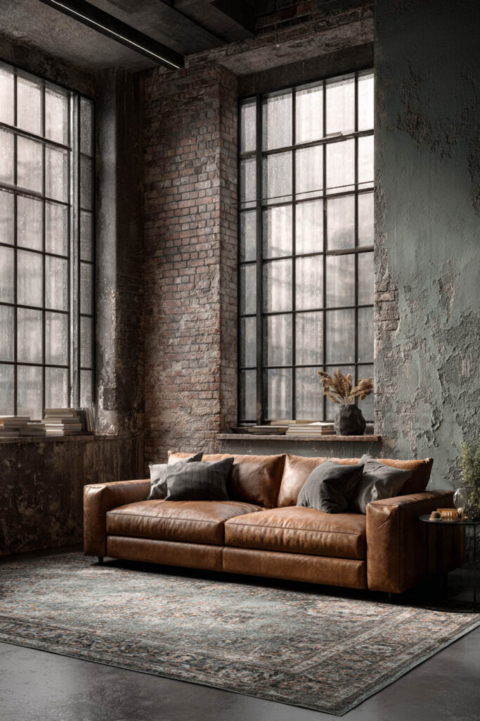 Industrial sage green living room with distressed plaster walls, exposed brick, tall black-framed windows, brown leather sofa, and vintage area rug.