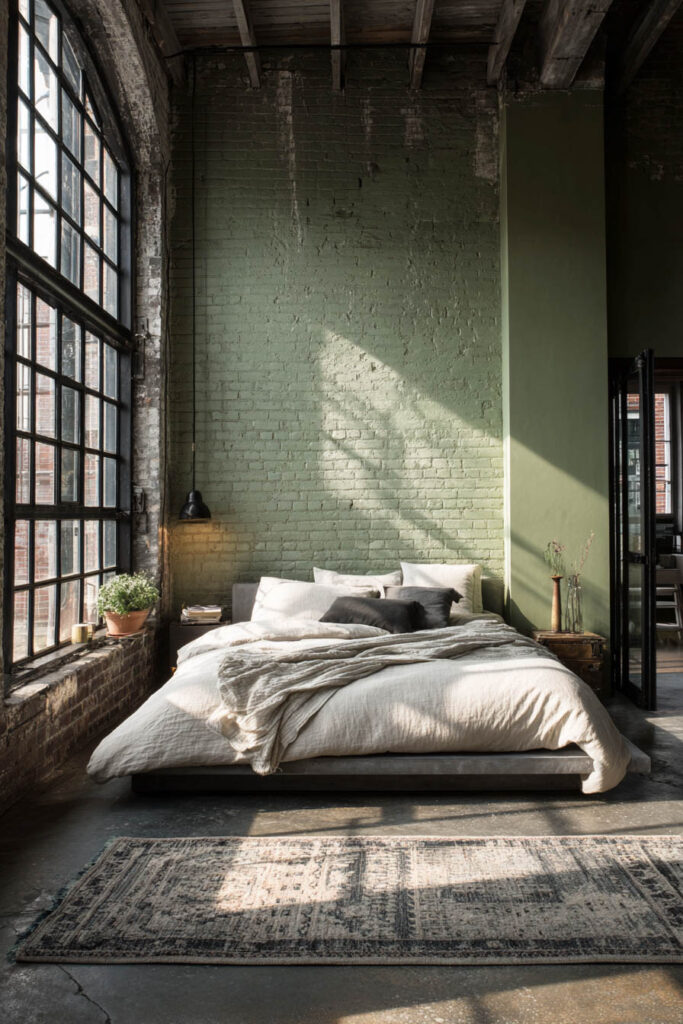 Industrial loft bedroom with sage green brick walls, large windows, and layered linen bedding.