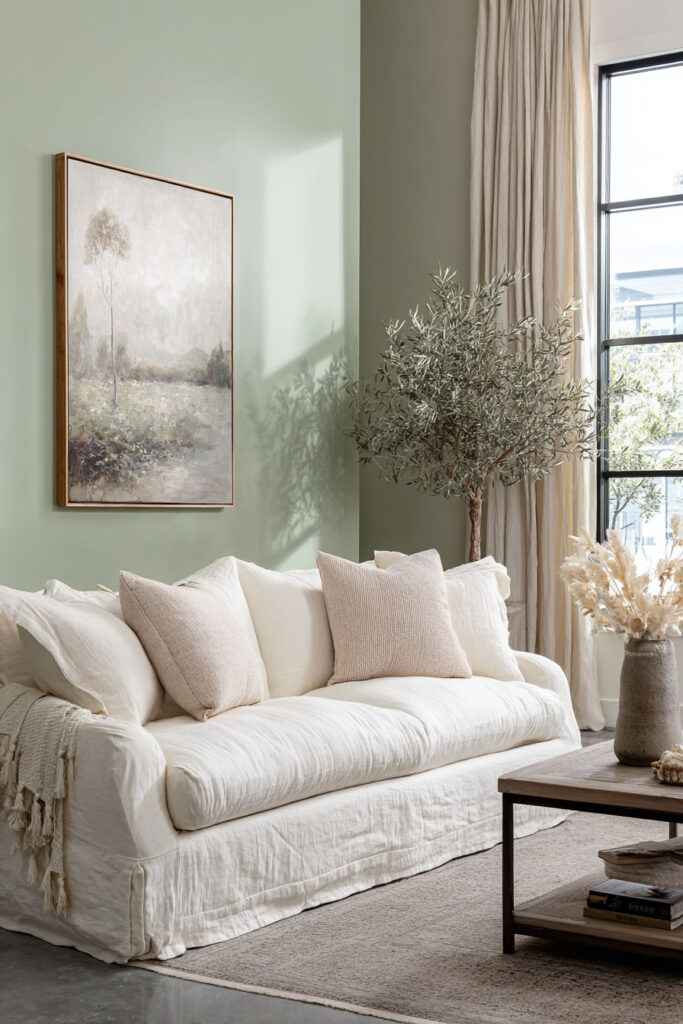 Sage green living room with white slipcovered sofa, neutral pillows, linen curtains, and olive tree decor.