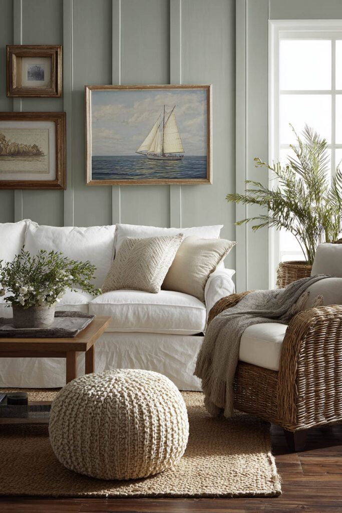 Coastal sage green living room with white sofa, rattan armchair, nautical wall art, and natural textures for a breezy cottage style.