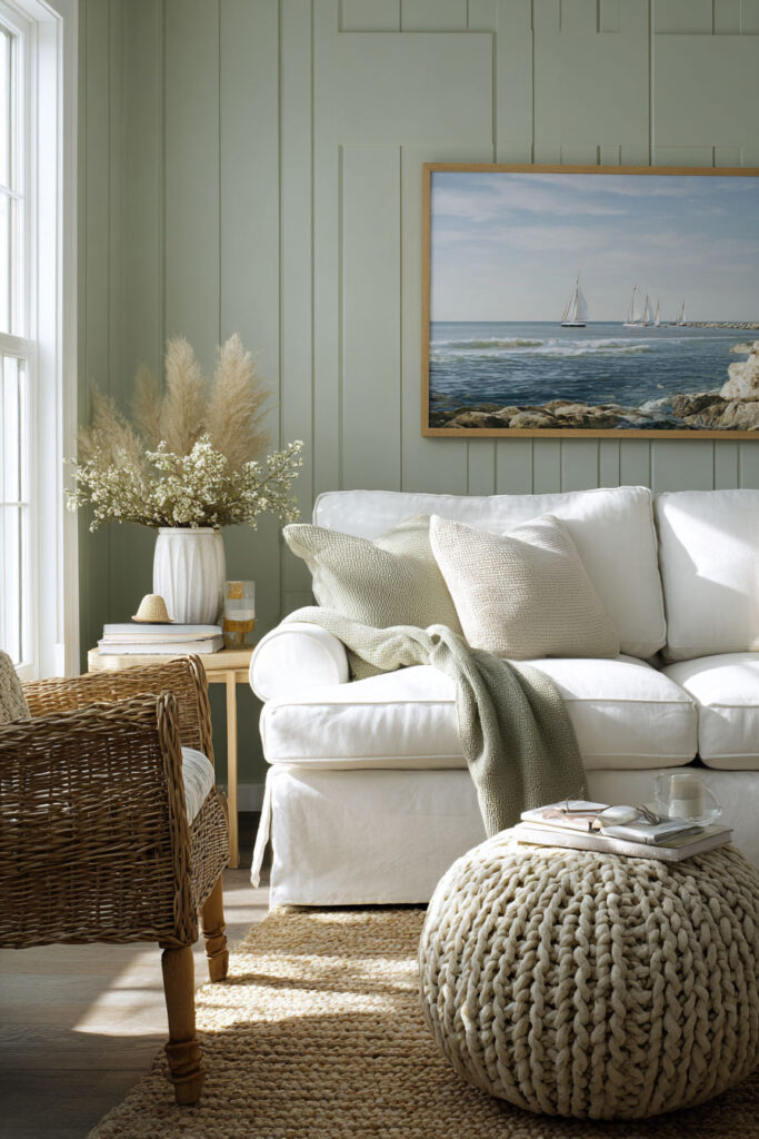 Coastal sage green living room with white sofa, rattan chair, pampas grass decor, seascape artwork, and cozy knitted pouf