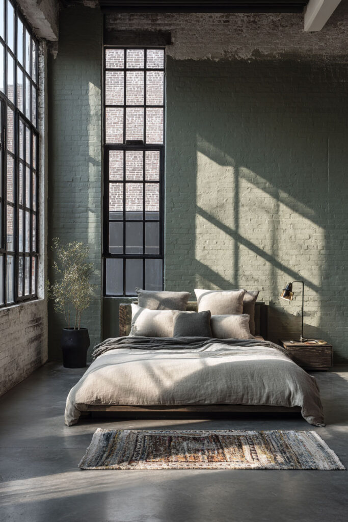Industrial loft bedroom with sage green brick walls, large windows, and minimalist neutral bedding.