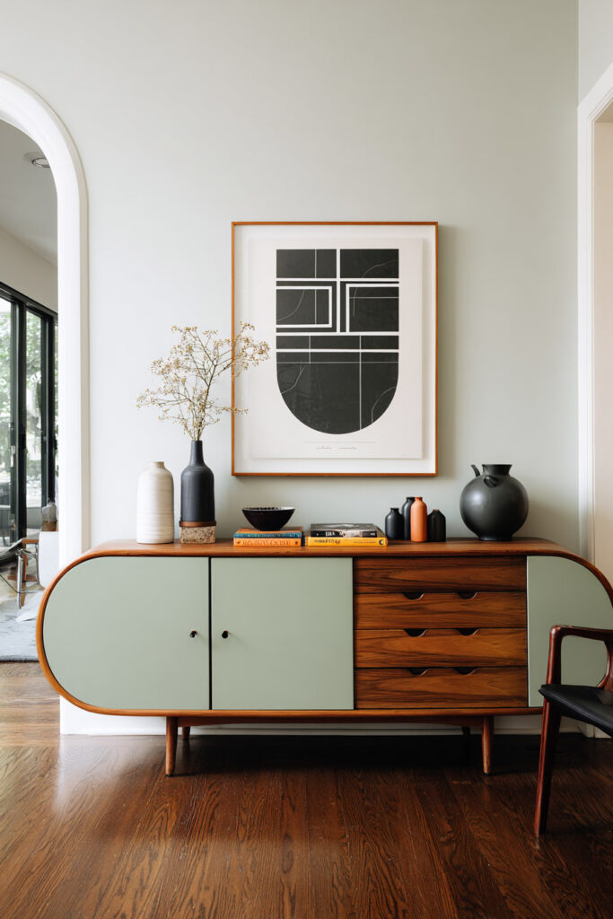 Mid-century modern sideboard with sage green doors, wood drawers, and minimalist black-and-white wall art.