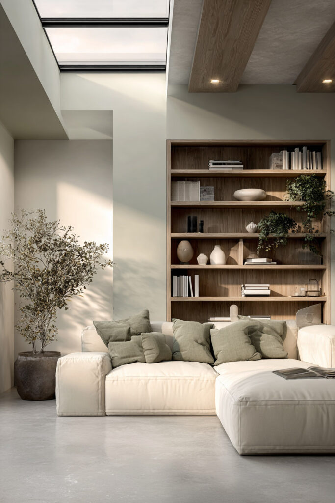 Minimalist sage green living room with cream sectional, wood shelving, natural light, and soft green throw pillows.