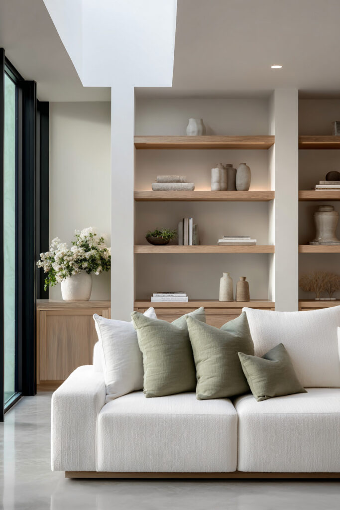 Minimalist sage green living room with white sofa, sage green accent pillows, built-in wooden shelves, and modern decor.
