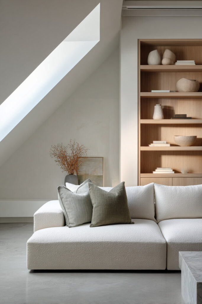 Minimalist living room with white sofa, sage green pillows, natural wood shelving, and modern skylight.