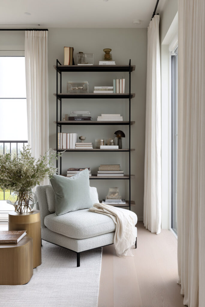 Modern sage green living room with lounge chair, black bookshelf, neutral decor, and white curtains.