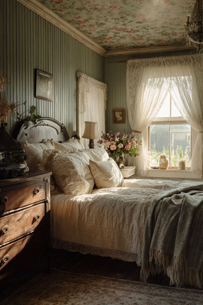 Vintage sage green bedroom with beadboard walls, lace curtains, antique wood furniture, and floral ceiling detail.
