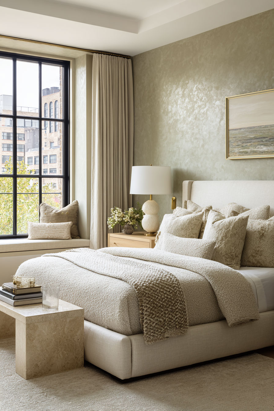 Modern bedroom with sage green walls, neutral bedding, large windows, and layered cozy textures