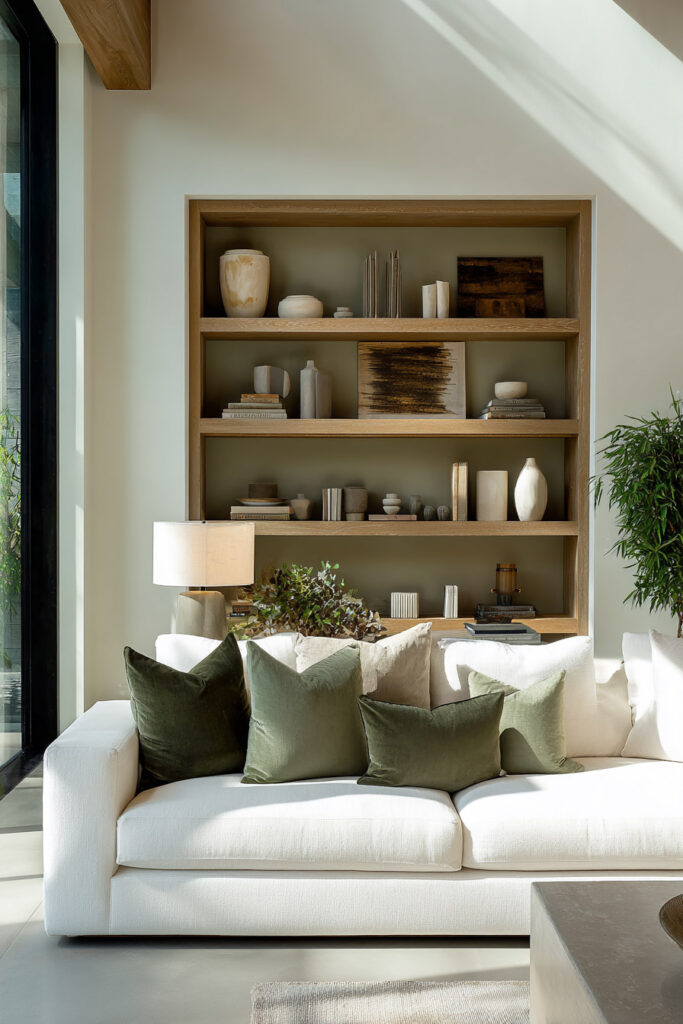 Modern living room with white sofa, sage green velvet pillows, built-in shelves, and natural light for a fresh minimal style.