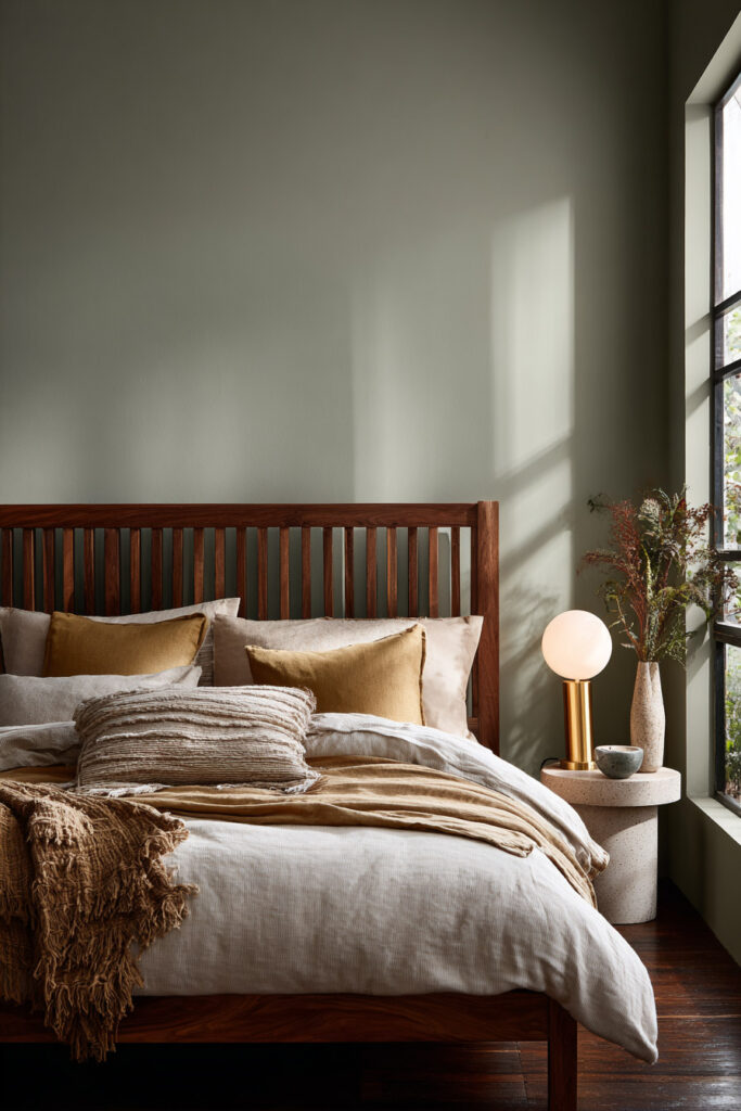 Modern sage green bedroom with wooden bed frame, mustard pillows, linen bedding, and gold accent lamp