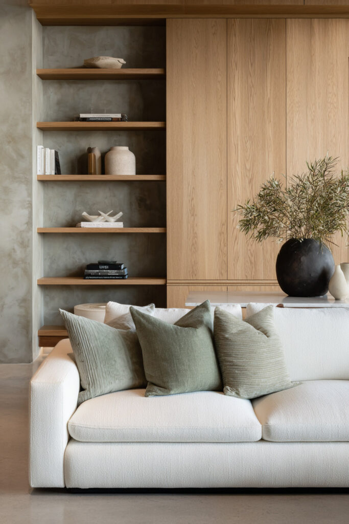 Modern sage green living room with white sofa, sage accent pillows, wood cabinetry, styled open shelves, and black vase with greenery.