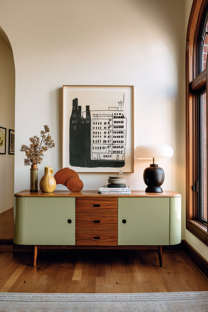 Mid-century modern sage green sideboard with wood drawers, abstract artwork, and modern decor styling.
