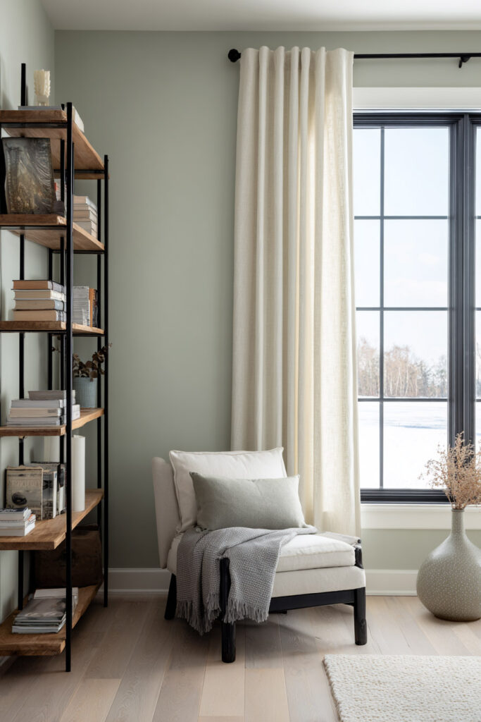 Reading nook with sage green walls, black-framed window, neutral chair, and wood metal bookshelf.