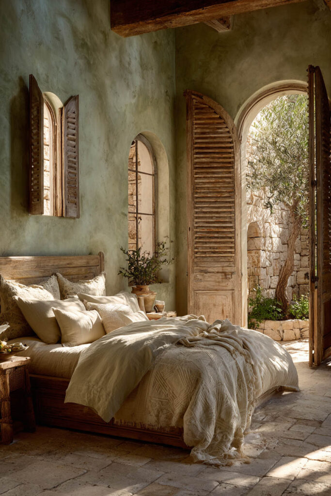 Mediterranean bedroom with sage green plaster walls, rustic shutters, stone courtyard, and neutral bedding.