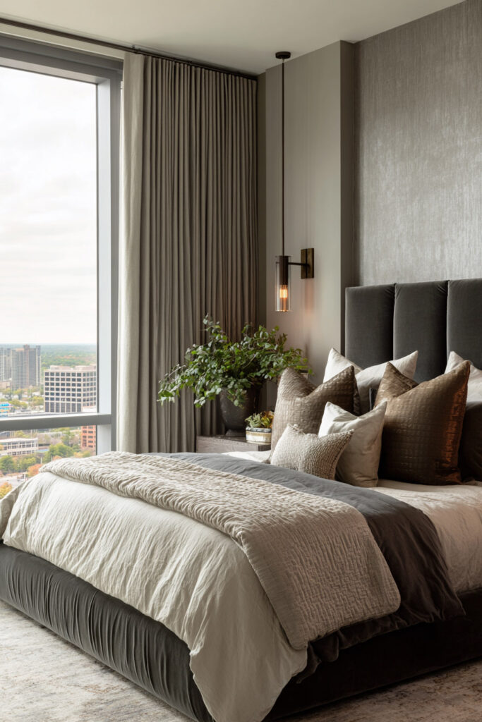 Modern bedroom with sage green bedding, tall upholstered headboard, city view, and contemporary lighting.