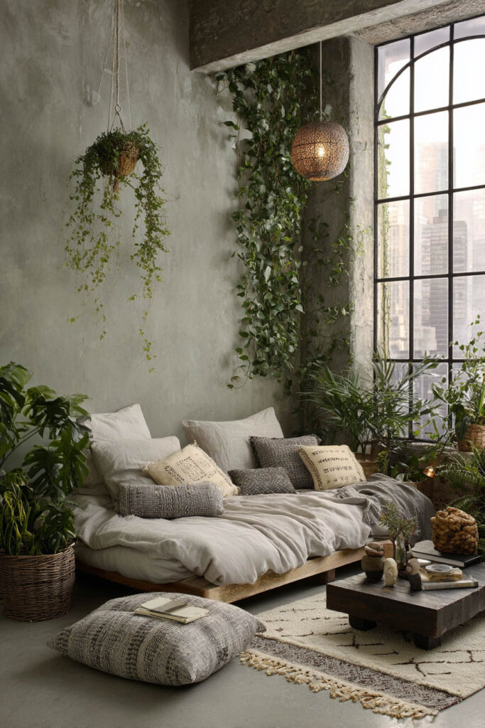 Urban boho bedroom with sage green plaster walls, indoor plants, neutral bedding, and natural textures.