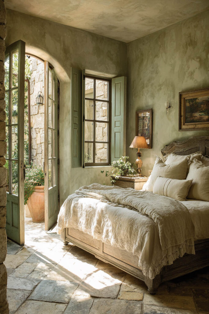 Rustic Mediterranean bedroom with sage green plaster walls, stone floors, and vintage shutters opening to patio.