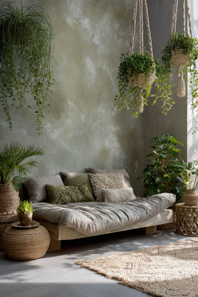 Bohemian nook with sage green textured walls, hanging plants, woven baskets, and natural linen daybed.