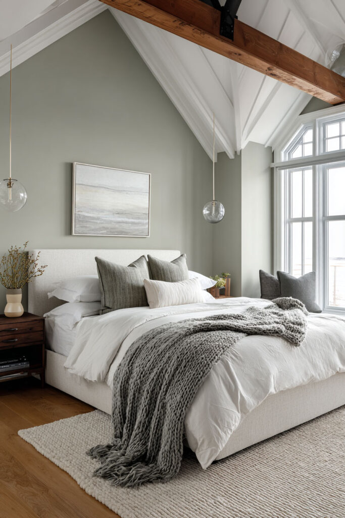 Bedroom with vaulted ceiling, sage green walls, wood beams, white bedding, and cozy gray accents.