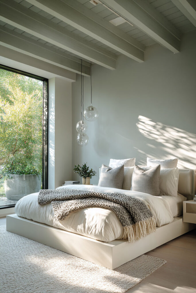 Minimalist sage green bedroom with exposed beams, large window, and neutral layered bedding