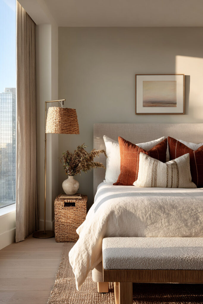 Sage green bedroom with burnt orange pillows, woven lamp, neutral bedding, and large window with natural light.
