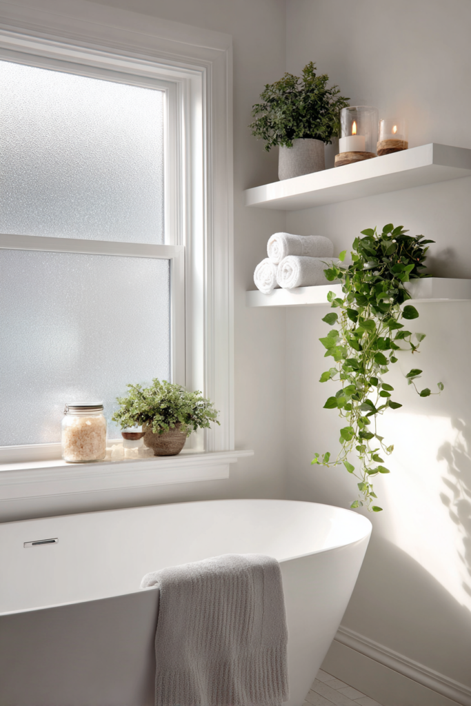 Bright modern bathroom with matte white floating shelves styled with rolled white towels, candles, trailing greenery, and potted plants near a freestanding tub.