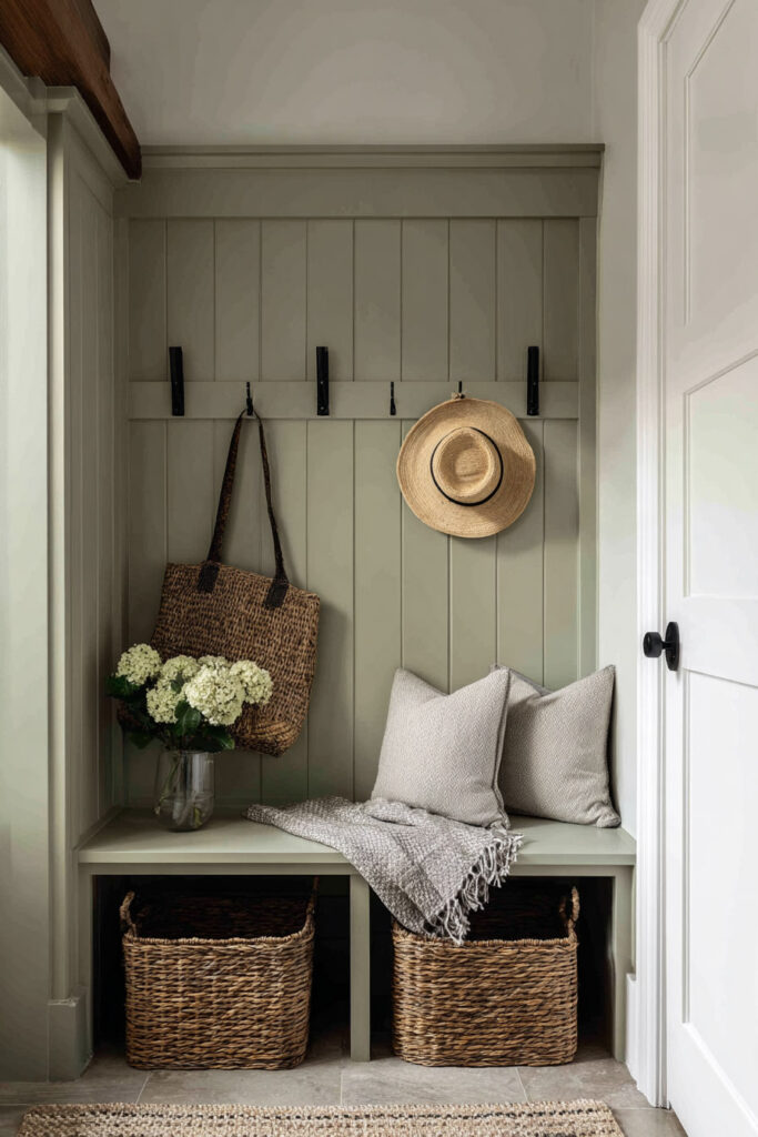 Sage green entryway bench with woven baskets, gray pillows, throw blanket, straw hat, and hydrangea flowers in glass vase.