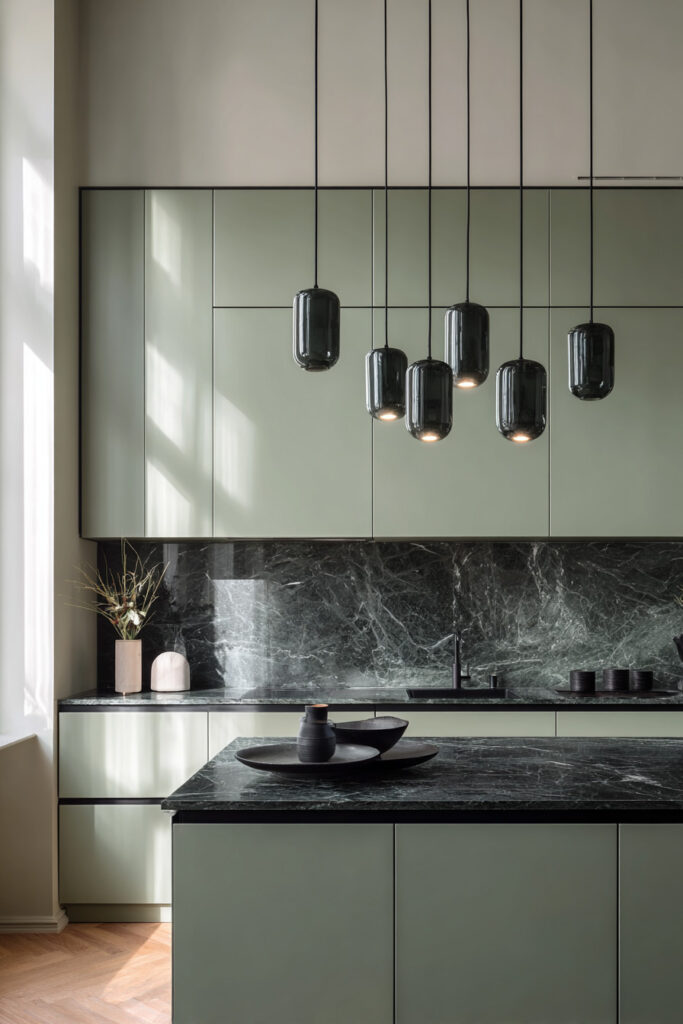 Sage green kitchen with black marble countertops and backsplash, modern pendant lights, and minimalist contemporary design.