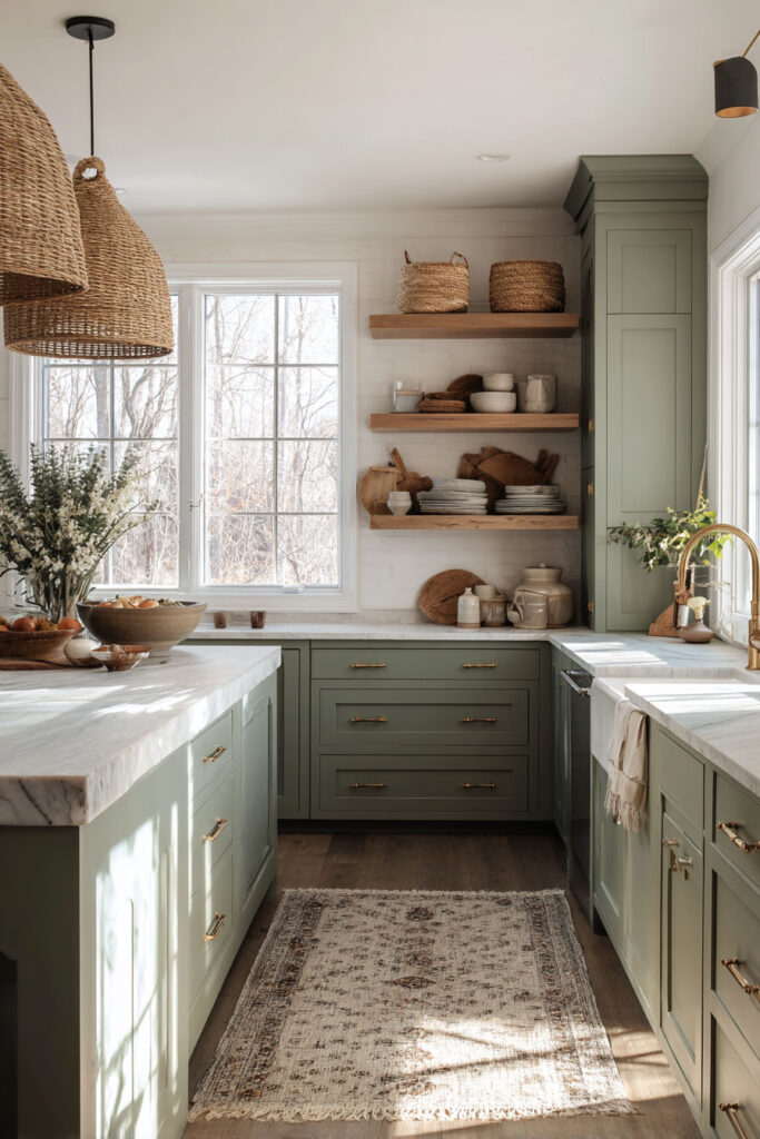 Sage green kitchen with marble countertops, open wood shelves, woven pendant lights, farmhouse sink, and rustic pottery decor.