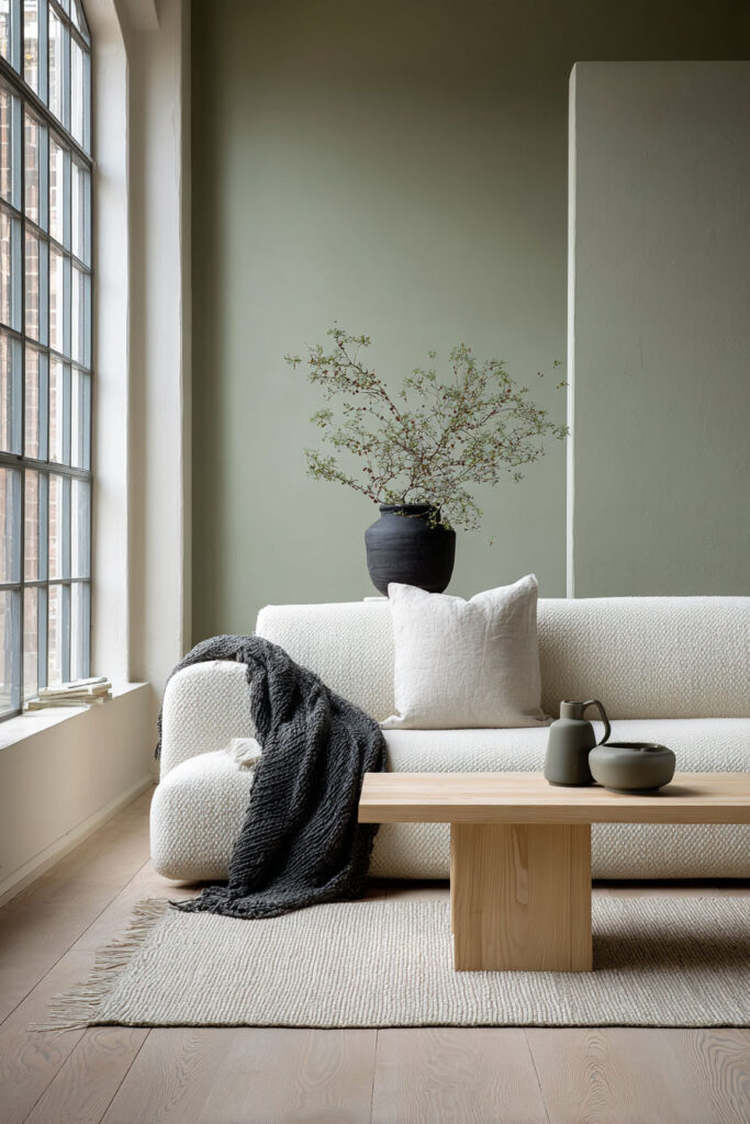 age green living room with white textured sofa, light wood coffee table, dark vase with branches, and cozy neutral accents.