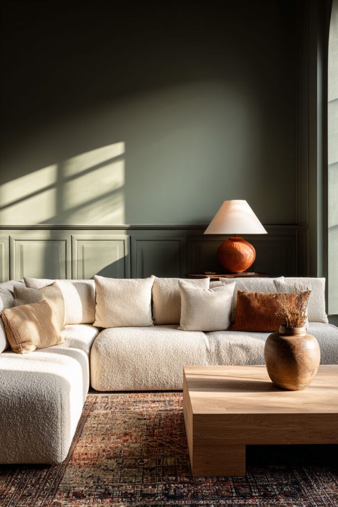 Sage green living room with boucle sectional sofa, terracotta lamp, rustic clay vase, wooden coffee table, and textured rug.