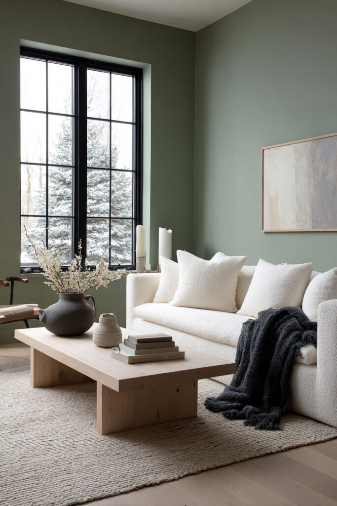 Scandinavian-inspired sage green living room with boucle sofa, light wood coffee table, textured rug, and large black-trimmed window overlooking snowy trees.