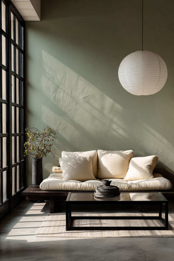 Minimalist sage green living room with black-framed windows, cream cushion sofa, round paper lantern pendant, and modern black coffee table.