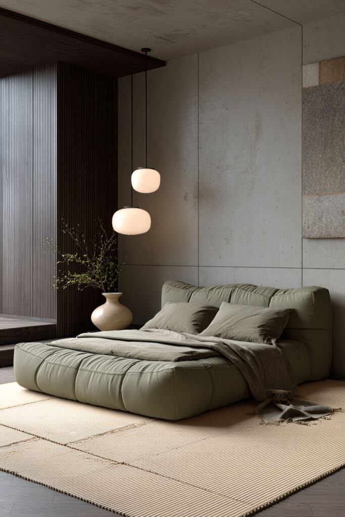 Modern sage green bedroom with low cushioned bed, minimalist pendant lights, and earthy neutral decor.