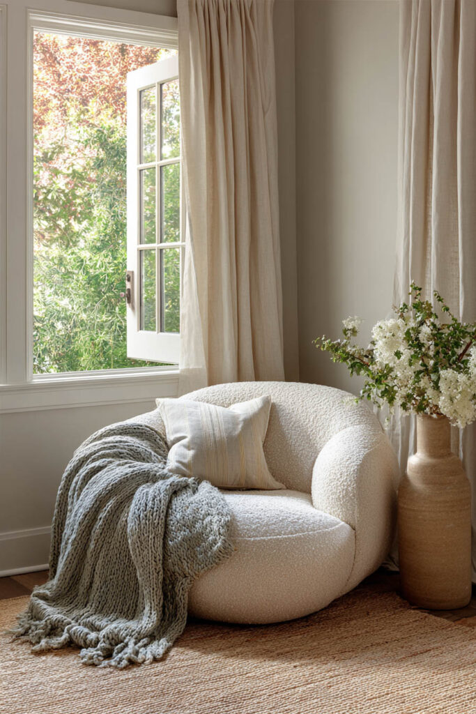 Boucle chair with sage green throw blanket and neutral pillow near window, styled with linen curtains and large vase of white flowers.