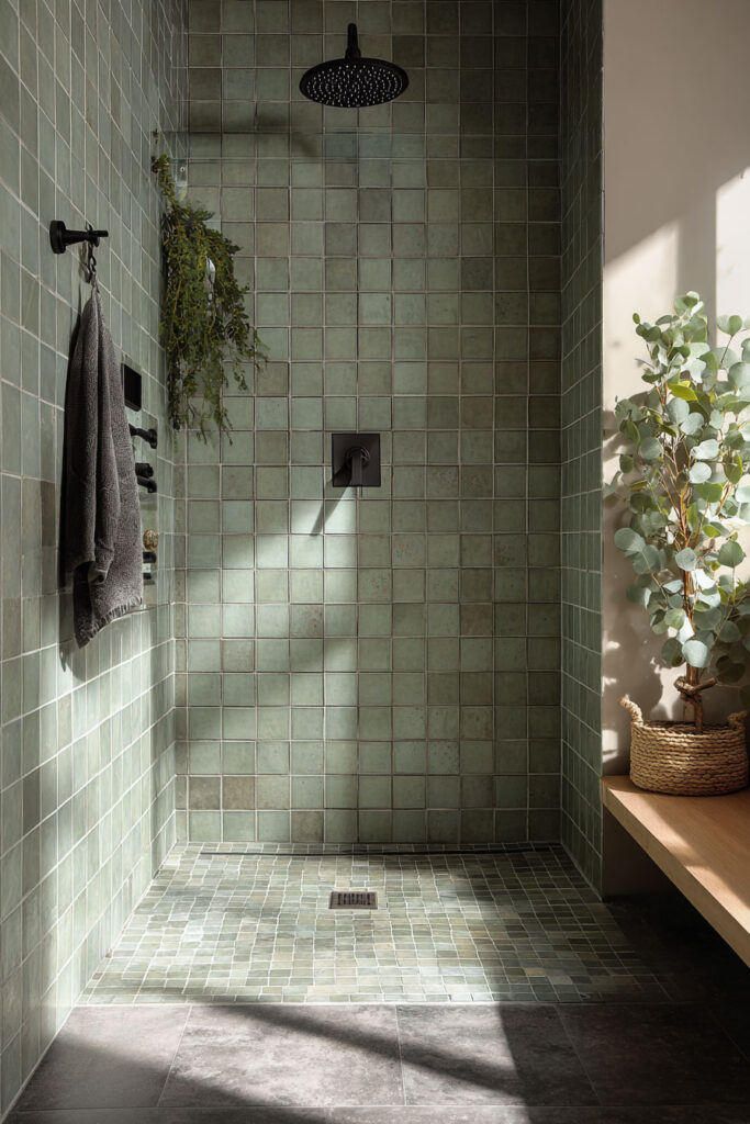 Sage green tiled shower with matte black fixtures, natural light, and greenery accents for a modern spa-inspired bathroom design.