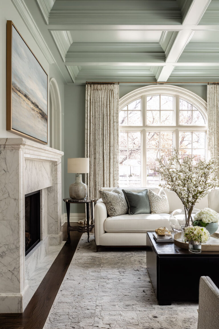 Traditional living room with sage green walls and coffered ceiling, marble fireplace, arched window, cream sofa, and elegant decor accents.