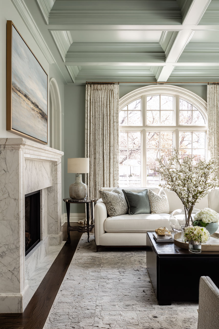 Traditional living room with sage green walls and coffered ceiling, marble fireplace, arched window, cream sofa, and elegant decor accents.