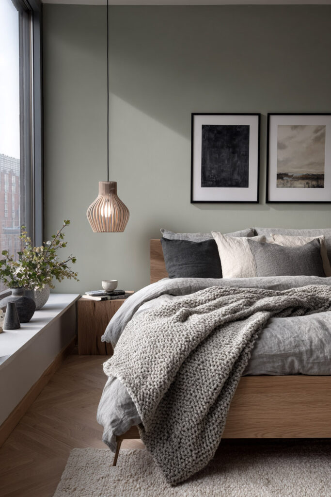 Modern sage green bedroom with gray bedding, chunky knit throw, wood furniture, and pendant light