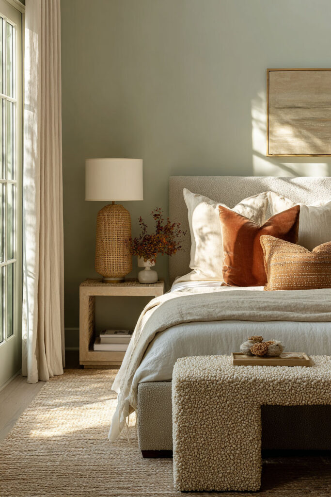 Sage green bedroom with boucle bench, terracotta pillows, and woven lamp accents.