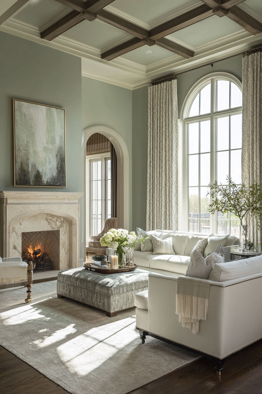 Elegant sage green living room with high ceilings, marble fireplace, arched windows, cream sofa, and velvet ottoman in a timeless classic design.