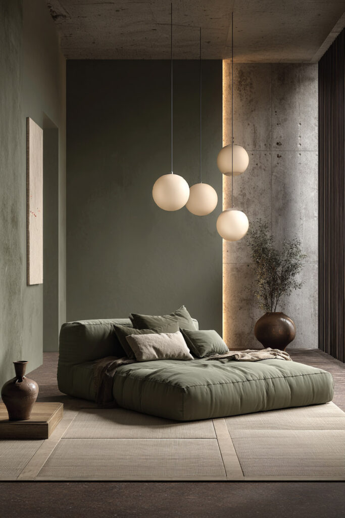 Industrial sage green bedroom with low cushioned bed, concrete wall accents, and modern pendant lights for a cozy minimalist look.