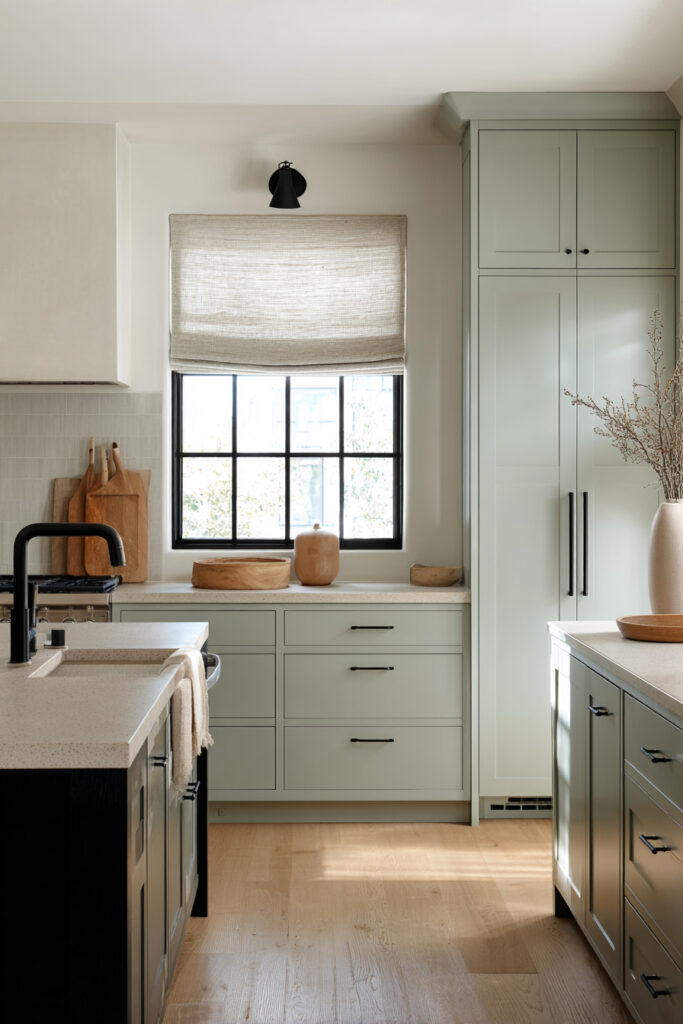 Modern sage green kitchen with black hardware, black faucet, minimalist cabinets, natural wood flooring, and neutral Roman shades.