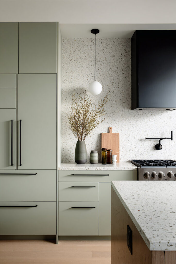 Modern sage green kitchen with terrazzo backsplash, black hardware, minimalist cabinets, and contemporary pendant lighting.