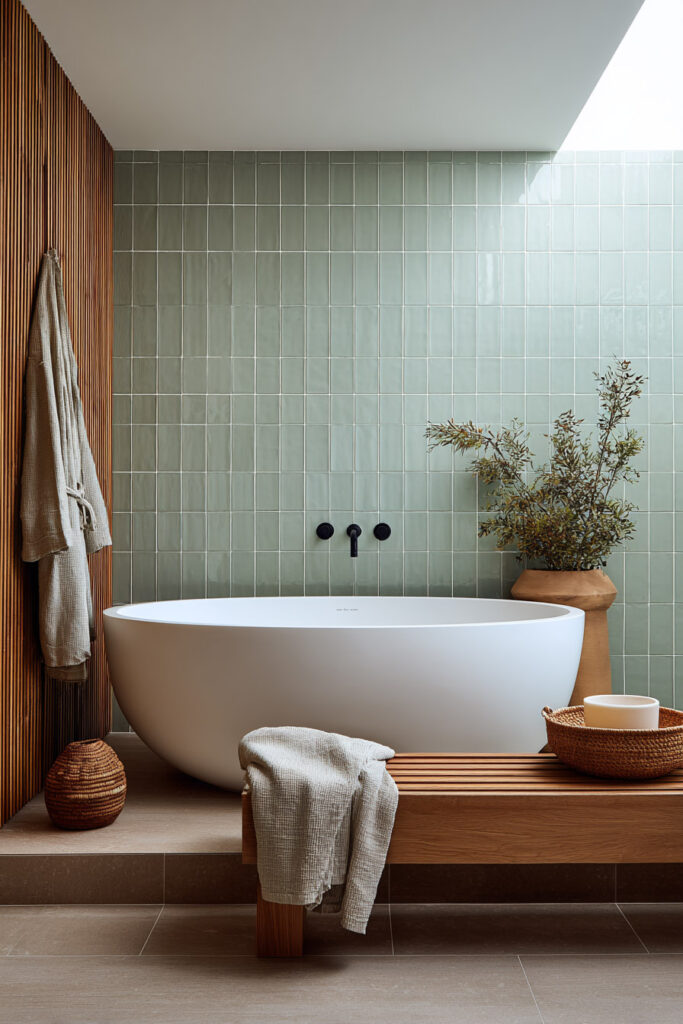 Modern bathroom with sage green tiled wall, freestanding white bathtub, wood accents, and natural textures for a spa-inspired design.