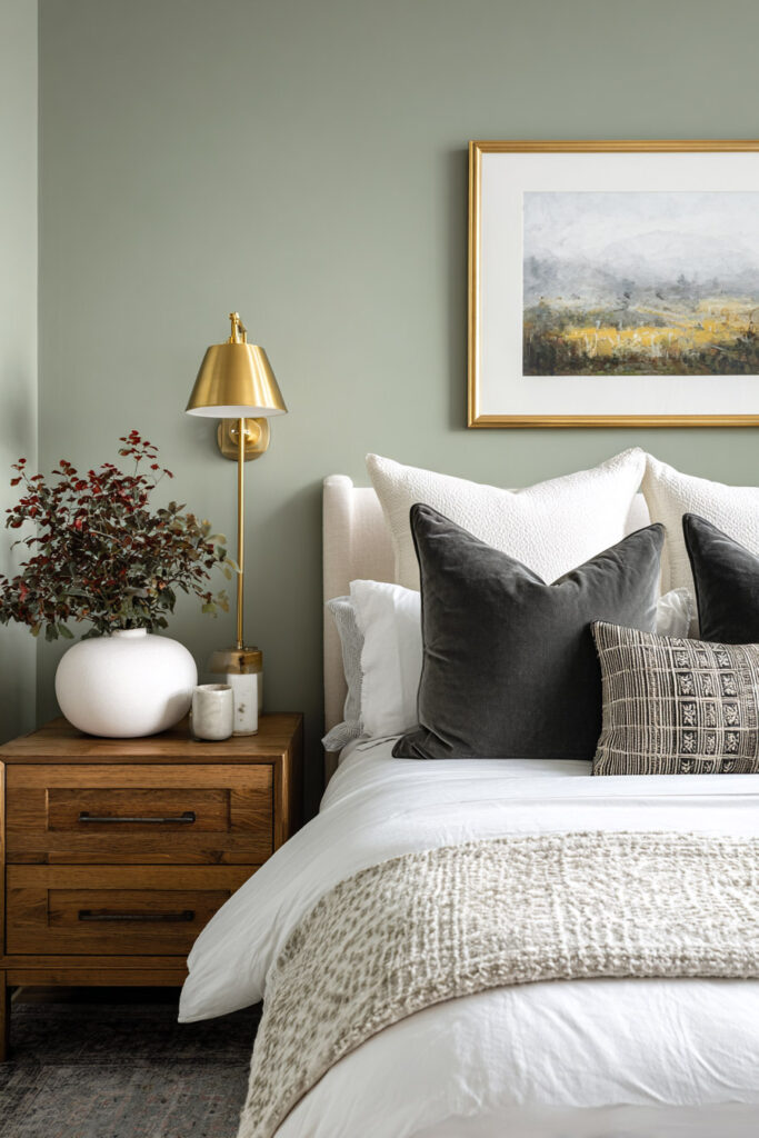 Sage green bedroom with upholstered headboard, layered throw pillows, brass wall sconce, wooden nightstand, and modern wall art.