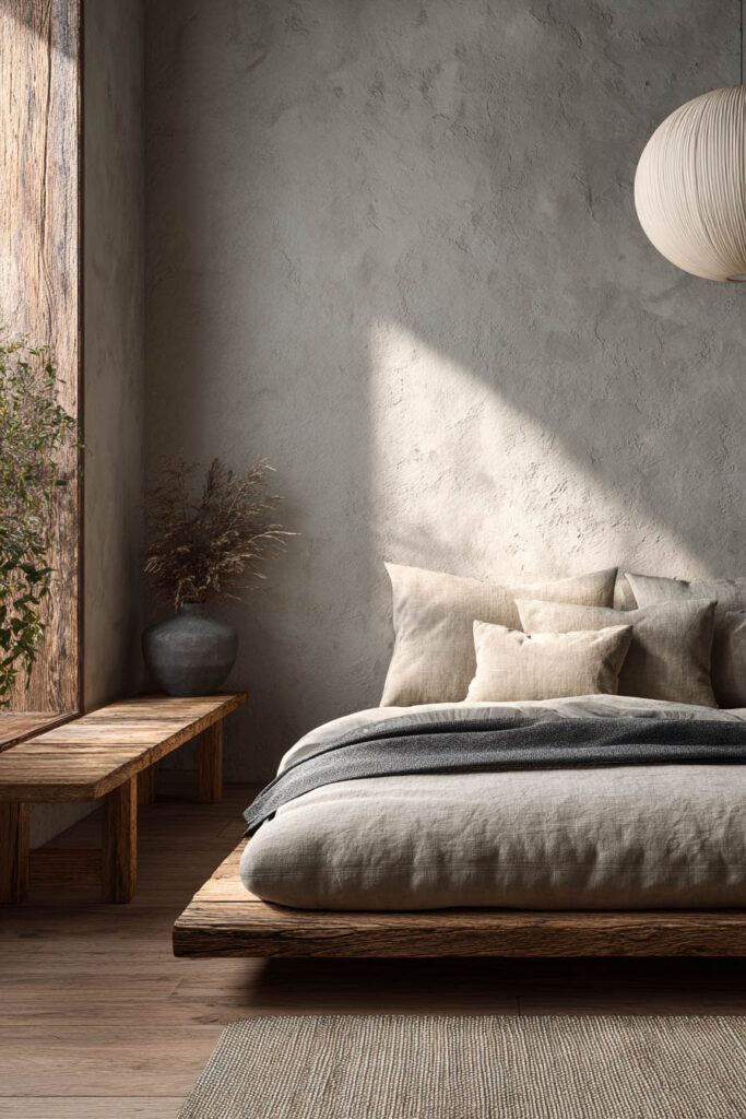 Sage green inspired bedroom with rustic wood platform bed, linen bedding, and textured wall in natural sunlight.
